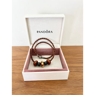 Pandora Leather Braided Beaded Bracelet With Charms Brown Women's