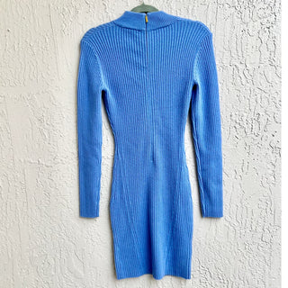 NWT Michael Kors Long Sleeve Ribbed Knit Crew Neck Mini Dress Blue Women's Small