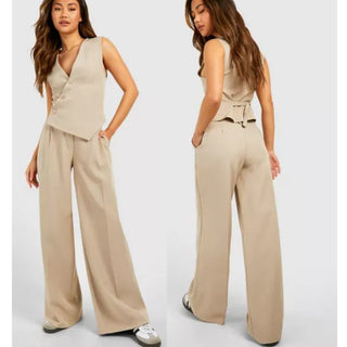 NWT Boohoo Slouchy Low Rise Boyfriend Wide Leg Trouser Pants Taupe Women's US 4