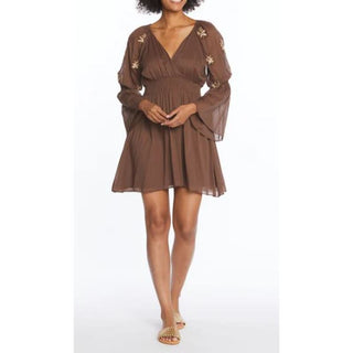 NWT Phie Flare Sleeve Golden Flower Short Dress Chocolate Women's Size Small