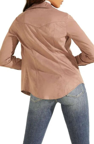 NWT Guess Daisy Faux Suede Snap Button Front Shirt Gray Rose Women's Size Small