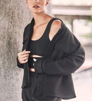 Devon Windsor Roxy Waffle Full Zip Oversized Jacket Deep Black Women's Size XS