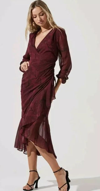 ASTR The Label Metallic Ruffled Faux Wrap Maxi Dress Burgundy Women's Size Small