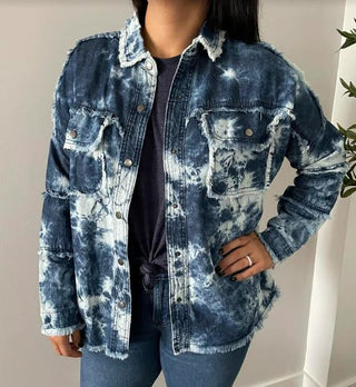 Elan Rock & Roll Denim Tie Dye Button Down Shirt Shacket Mid Blue Women's Size M