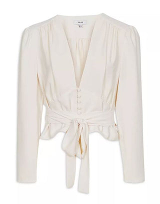 Reiss Alena Plunging V-Neck Button Front Cropped Blouse Ivory White Women's 0