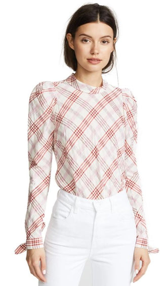 Veronica Beard Isabel Plaid Mock Neck Puff Sleeve Blouse Top Blush Pink Womens 0