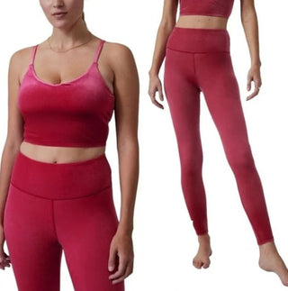 NWT Athleta Elation Velvet Crop Top & Tight Leggings Set Raspberry Women's Small