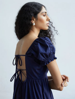 o.p.t Josephine Puff Sleeve Tiered Midi A-Line Dress Navy Blue Women's Medium