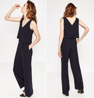 Zara Sleeveless Layered Crepe One Piece Jumpsuit Navy Blue Women's Size Large