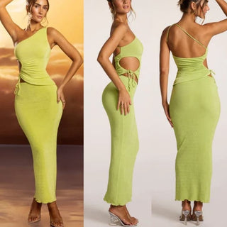 Oh Polly Jersey Ruched One Shoulder Top & Maxi Skirt Set Lime Women's Size US 2