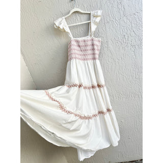 NWOT Madewell Sleeveless Lucie Smocked Tiered Midi Dress Cream Pink Women Large