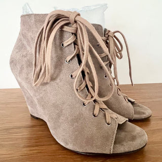 Joie Suede Leather Lace Up Open Toe Wedge Heel Booties Brown Women's Size 39/8.5