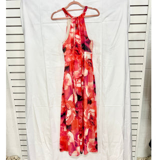 Eliza J Pleated Floral Sleeveless Halter Chiffon Maxi Dress Watercolor Pink US 6