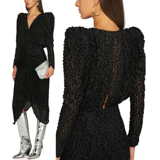 Isabel Marant Maray Metallic Black Flocked Chiffon Midi Dress Women's 34 / US 2