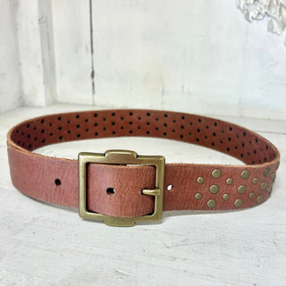 Linea Pelle LP040096 Leather Studded Gold Buckle Adjustable Waist Belt Brown M