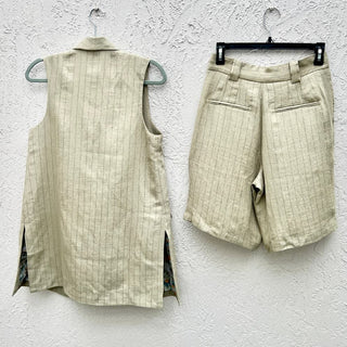 NWT Current Air Striped Shawl Collar Vest & Knee Length Short Set Khaki Womens S