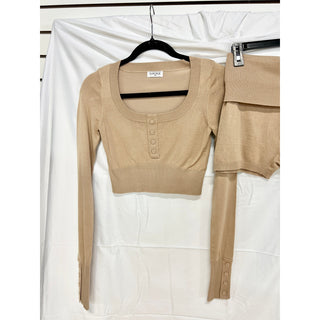 Lounge Knitted Long Sleeve Crop Top & Fold Waist Shorts Set Tan Women's Size XS