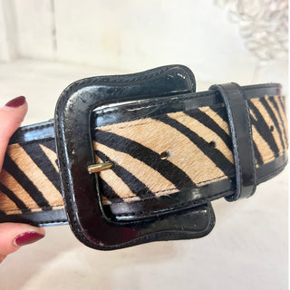 Via Spiga Genuine Leather Tiger Striped Adjustable Waist Belt Beige/Black Small