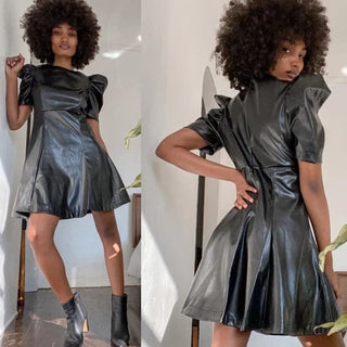 NWT Lulus Puff Sleeve Vegan Leather A-Line Mini Dress Black Women's Size Small