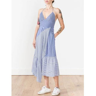 Tibi Sleeveless Collage Striped Halter Midi Dress Asymmetrical Blue Women's Sz 6