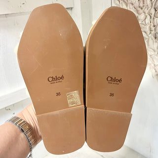 NWT Chloe Woody Shearling Logo Print Slip On Flat Slipper Soft Tan Women's 35/5