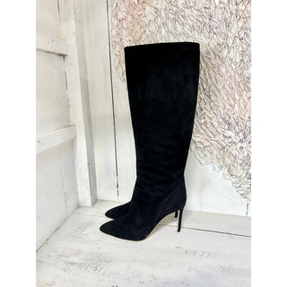 Gucci Suede Pull On Pointed Toe Knee High Heeled Dress Boots Black Women's 38