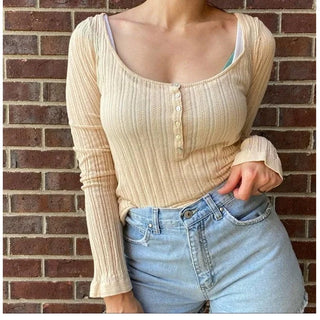 VTGRalph Lauren Long Sleeve Scoop Neck Knit Crochet Henley Top Cream Women's L