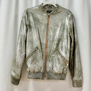 Zara Silver Metallic Long Sleeve Full Zip Bomber Jacket Green Brown Women's XS