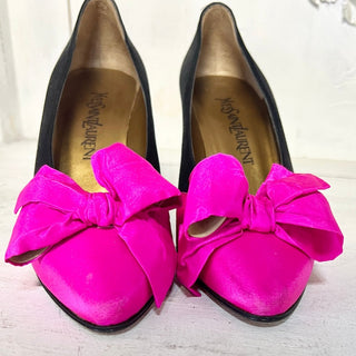 NWT Yves Saint Laurent's Two Tone Satin Slip On Pump Fuchsia/Black Womens Size 8