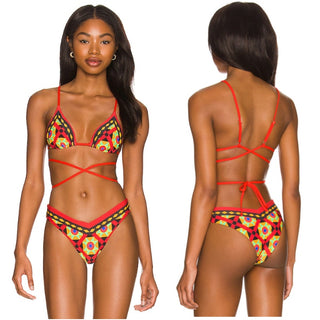 NWT WeWoreWhat Mosaic Cooper Wrap Bikini Top & Delilah Bikini Set Red Women's S