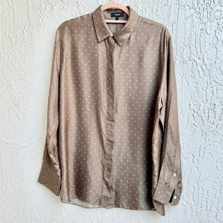 Theory Long Sleeve Polka Dot 100% Silk Button Down Classic Shirt Brown M