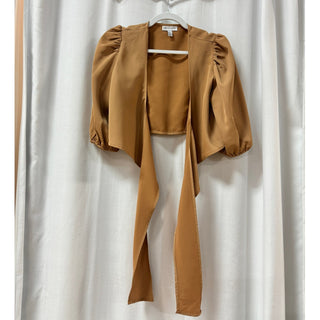 Pretty Lavish Jamie Crop Tie Knot Blouse & Wide Leg Trouser Pants Set Tan US 4