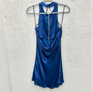 NWT Zara Open Back Jewel Chain Satin Halterneck Mini Dress Blue Women's Medium