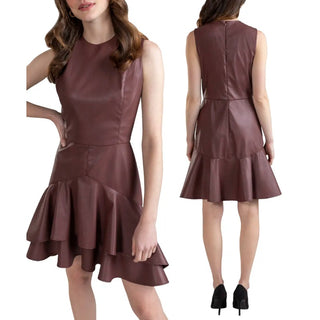 Shoshanna Bristol Faux-Leather Ruffle-Hem Mini Dress Mocha Brown Women's Size 0