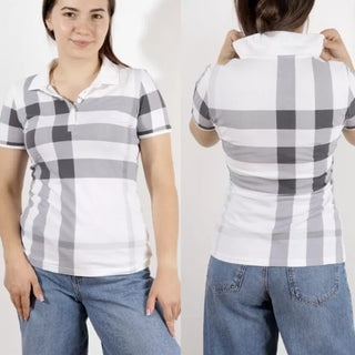 NWT Burberry London Checkered Short Sleeve Polo Shirt White/Gray Women's Size XS