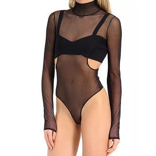 Hervé Léger Sheer Long Sleeve Turtleneck Bra Bodysuit Black Women's Size XXS