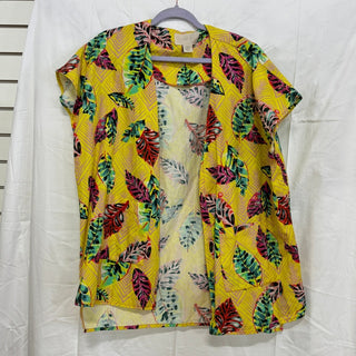 SIGAL Leaf Print Short Sleeve Open Front Kimono Blouse Top Yellow Women One Size