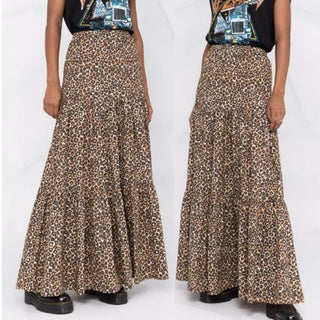 Pinko Elastic Waist Leopard Print Tiered Maxi Skirt Brown Black Women's Medium