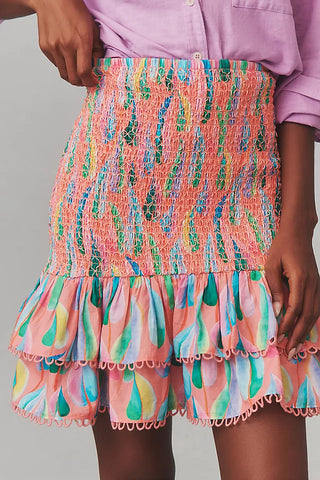 NWT Farm Rio Printed High Waisted Smocked Tiered Mini Skirt Pink Multi Women's L