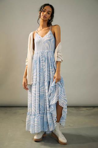 MISA Los Angeles Kalita Sleeveless Tiered Maxi Dress Casablanca Blue Women Small