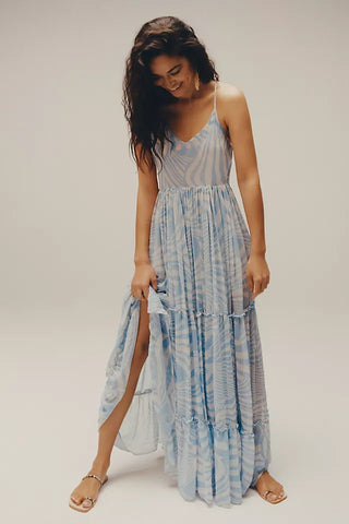 MISA Los Angeles Kalita Sleeveless Tiered Maxi Dress Casablanca Blue Women Small