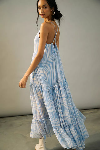 MISA Los Angeles Kalita Sleeveless Tiered Maxi Dress Casablanca Blue Women Small