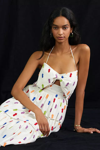 Farm Rio Pineapple Cutout Halter Neck Tiered Midi Sundress White Multi Small