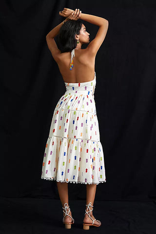 Farm Rio Pineapple Cutout Halter Neck Tiered Midi Sundress White Multi Small