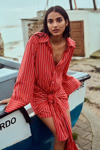 Bardot Malira Striped Long-Sleeve Tie Waist Mini Shirt Dress Red White Womens XL