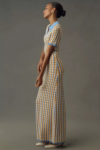 Ronny Kobo Quinlan Striped Knit Polo Maxi Dress Cornflower Multi Women's Medium
