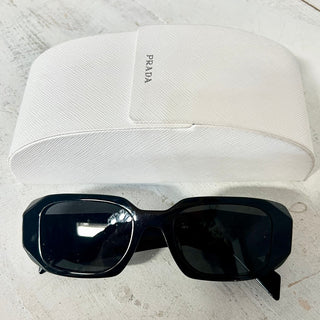 Prada SPR 17W-F Black Frame Dark Grey Lens Rectangle Sunglasses with Hard Case