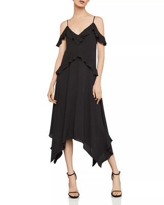 BCBGMaxazria Lissa Cold Shoulder Handkerchief-Hem Midi Slip Dress Black XXS