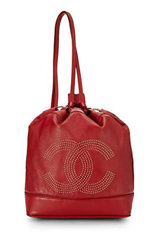 Chanel Red Leather Studded Logo Drawstring Bucket Duffel Bag