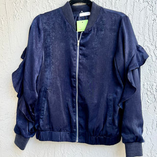 Blush Ruffle Long Sleeve Ribbed Knit Zip Up Bomber Jacket Blue Women's Size XS